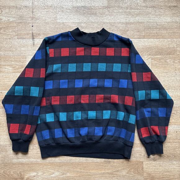 Vintage Sweaters - Vintage 80s Sweatshirt Black Checkered Mock Neck Sweatshirt Pullover Geometric M